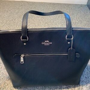 Coach Black Leather Tote with Exterior Zip Pocket